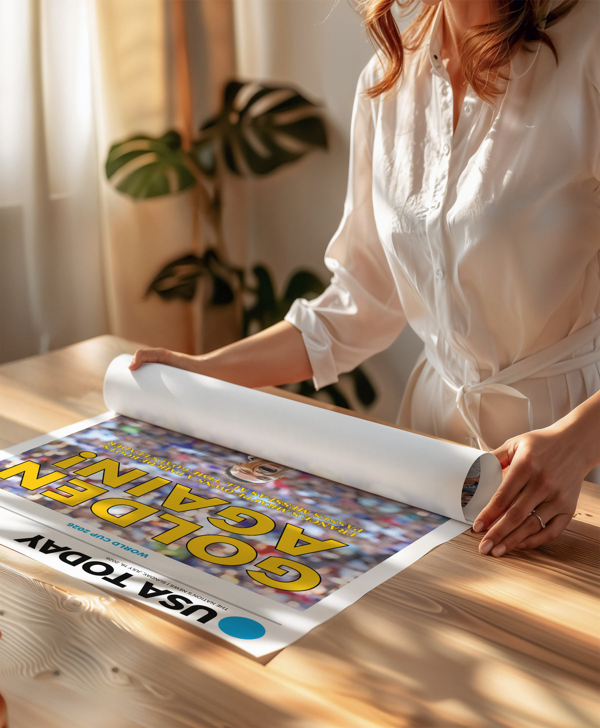 World Cup 2026 Mbappe Golden Boot Front Page Wall Art wall art mockup - Rolled poster table