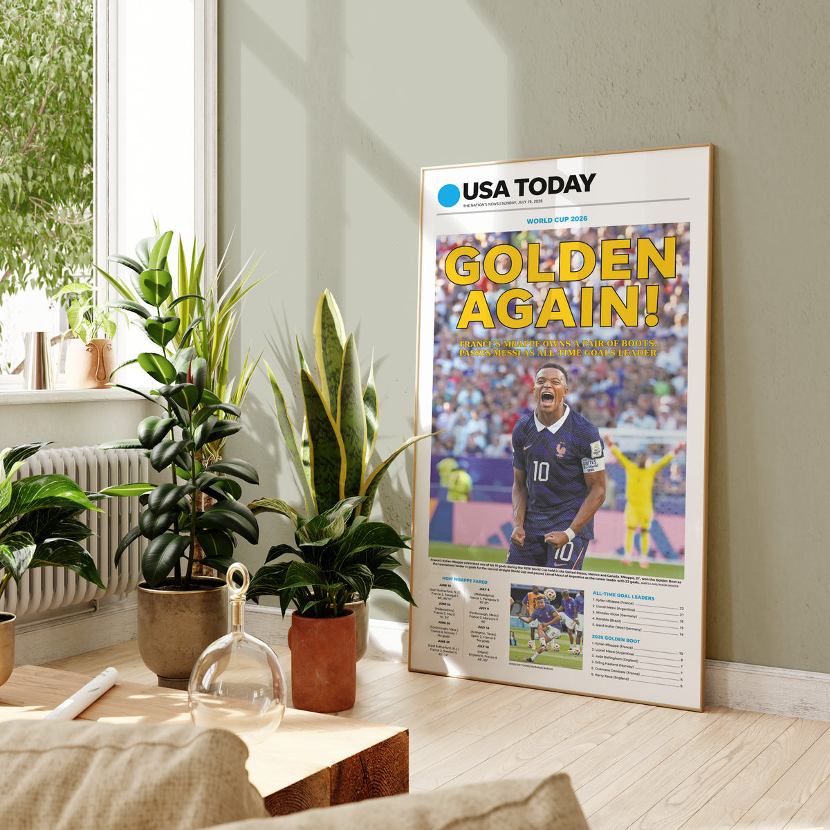 World Cup 2026 Mbappe Golden Boot Front Page Wall Art wall art mockup - Shelf room square