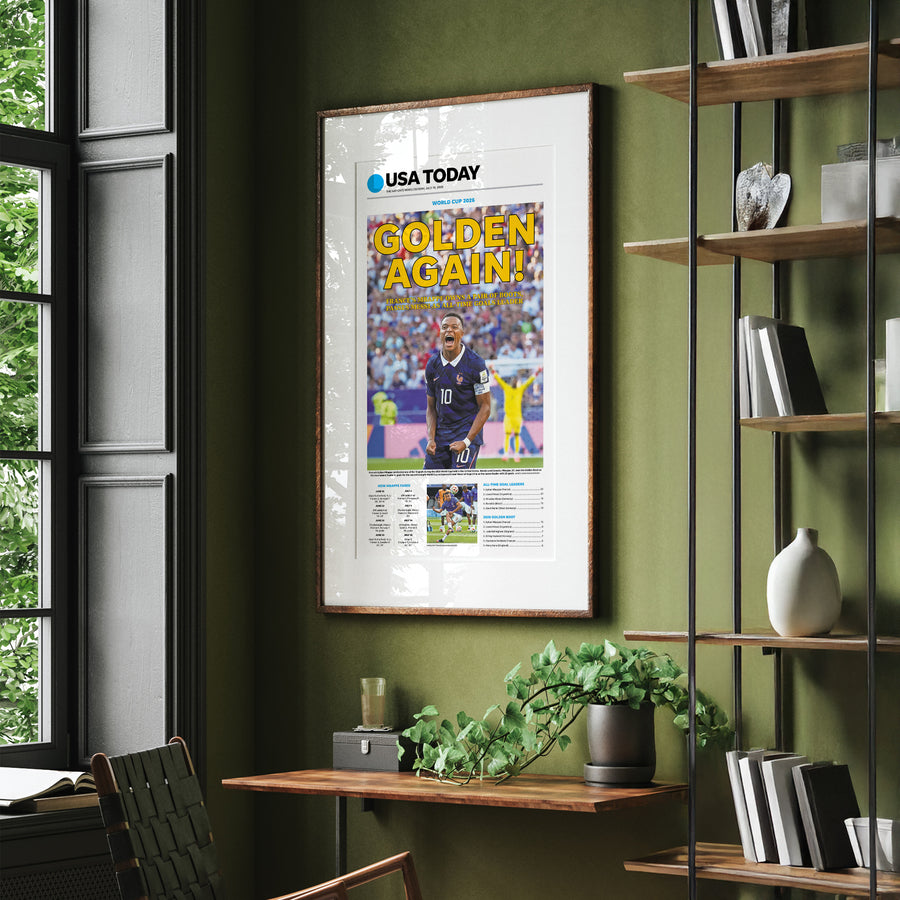 World Cup 2026 Mbappe Golden Boot Front Page Wall Art wall art mockup - Single black frame
