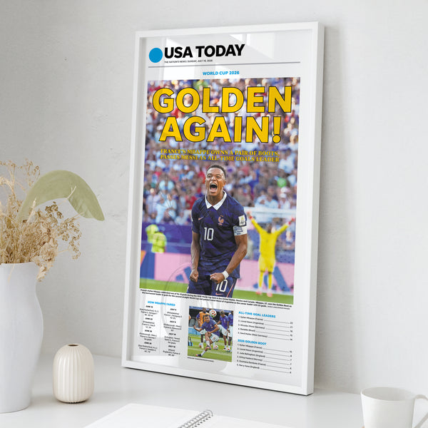 World Cup 2026 Mbappe Golden Boot Front Page Wall Art wall art mockup - Square framed room
