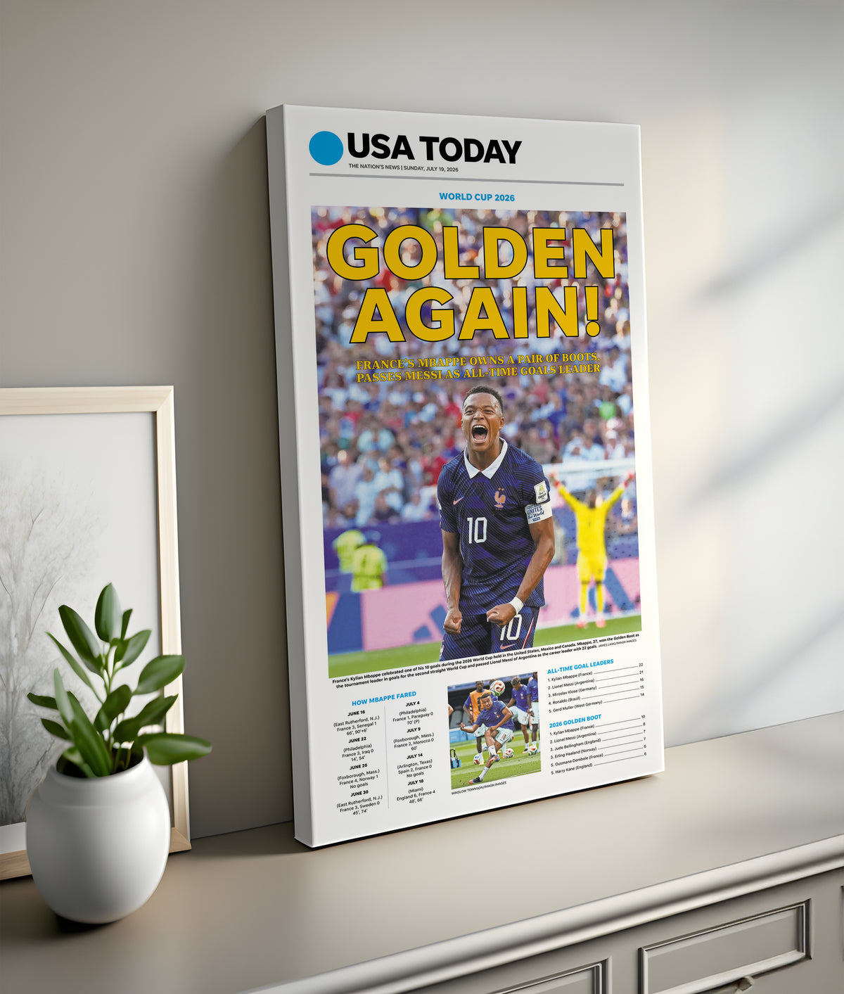 World Cup 2026 Mbappe Golden Boot Front Page Wall Art wall art mockup - Tall lifestyle frame
