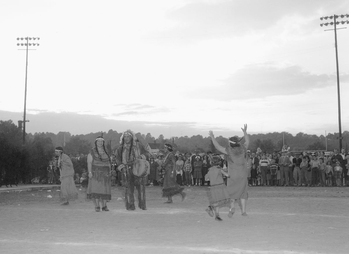 Members of an unidentified tribe of North American Indians performing a dance at the annual Dog Mart in Fredericksburg, 1950. Courtesy Library of Virginia, Chamber of Commerce Collection