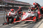 Juan Pablo Montoya (2) of Team Penske takes a pit stop at lap 170 during the 99th running of The Indianapolis 500, May 23, 2015, in Speedway, Ind. Juan Pablo Montoya (2) of Team Penske won the race for the second time.