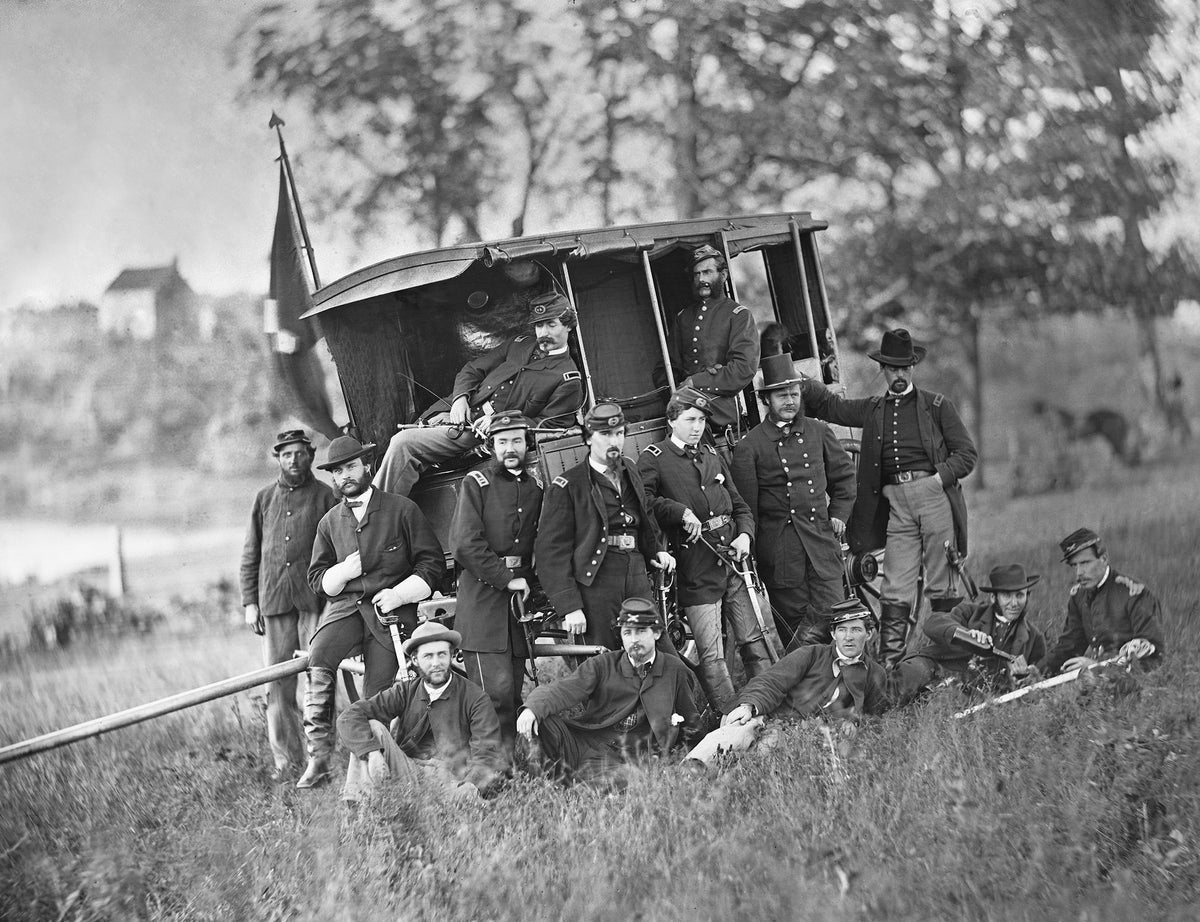 Gen. John Tyler and staff, with wagon, Culpeper, September 1863. Today, this is the town of Culpeper’s Rockwater Park, with the site of Culpeper United Methodist Church (left) in the distance. Courtesy Library of Congress / #LC-DIG-cwpb-03787
