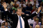 UConn head coach Geno Auriemma works the sideline during the 2015 NCAA Final Four win over Maryland in Tampa. Tim Martin / The Day