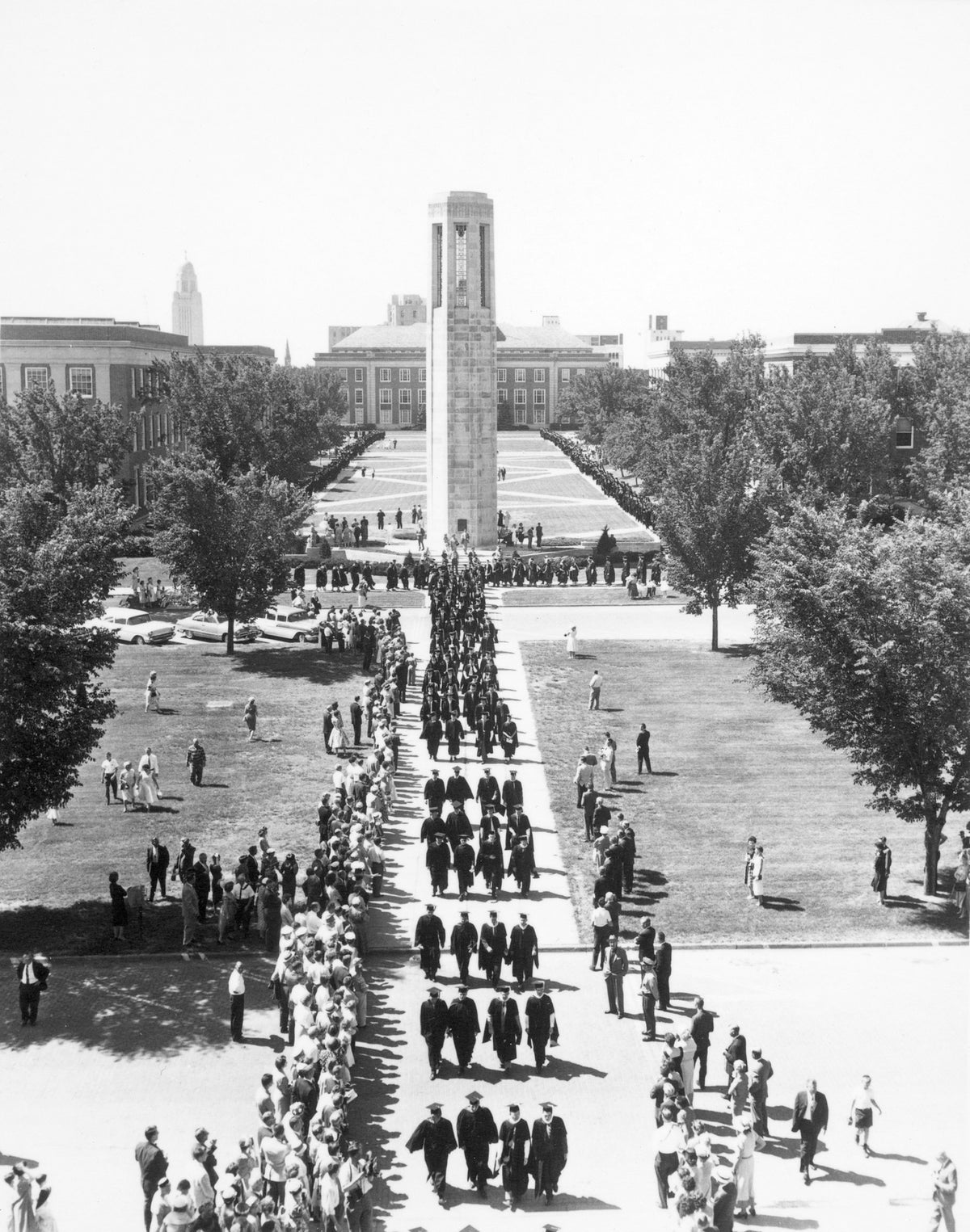 A view of the commencement processional from the University of Nebraska-Lincoln, June 4, 1960. Courtesy Nebraska State Historical Society / #RG0813.PH0-000487