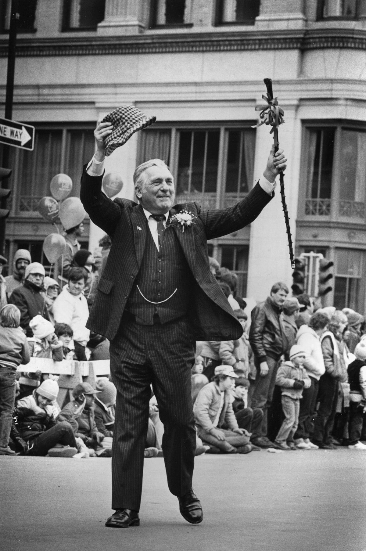 U.S. Rep. Silvio Conte greets parade watchers as he marches down High Street. For St. Patrick's Parade 60th anniversary. Courtesy The Republican