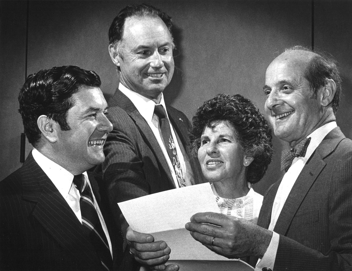Western Mass. Area Brotherhood dinner - from left, Springfield Mayor Theodore E. Dimauro, William L. Putnam, dinner chairman; and Peggy and David Starr. Vincent D’Addario /The Republican