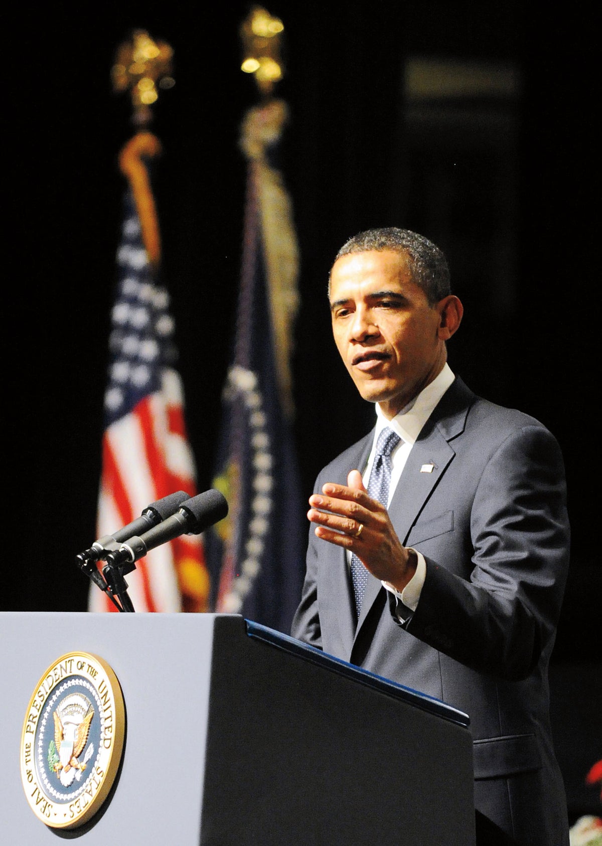 President Barack Obama speaks to those gathered for the community memorial service in Taylor Performing Arts Center at Missouri Southern State University.