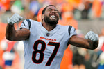 Cincinnati Bengals tight end C.J. Uzomah (87) celebrates the after overtime of the NFL Week One game between the Cincinnati Bengals and the Minnesota Vikings at Paul Brown Stadium in downtown Cincinnati on Sunday, Sept. 12, 2021. The Bengals won 27-24 on a last minute field goal in overtime. Sam Greene/The Enquirer