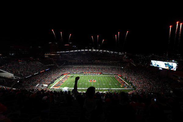 Fireworks are shot off ahead of player introductions before kickoff of a Week 4 NFL football game between the Jacksonville Jaguars and the Cincinnati Bengals, Thursday, Sept. 30, 2021, at Paul Brown Stadium in Cincinnati. Kareem Elgazzar/The Enquirer