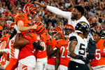 Cincinnati Bengals kicker Evan McPherson (2) celebrates after kicking the game-winning field goal in the fourth quarter during a Week 4 NFL football game against the Jacksonville Jaguars, Thursday, Sept. 30, 2021, at Paul Brown Stadium in Cincinnati. Kareem Elgazzar/The Enquirer