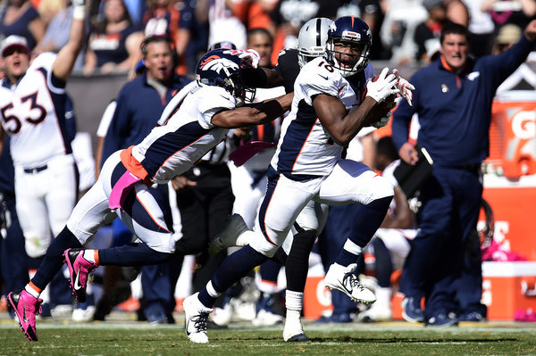 Bennie Fowler (16) of the Denver Broncos makes a long first-down catch and run against the Oakland Raiders the first half of action at the O.co Coliseum. The Oakland Raiders hosted the Denver Broncos on Sunday, October 11, 2015. (Photo by AAron Ontiveroz/The Denver Post)