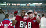Jerry Rice and Steve Young after the 49ers beat the San Diego Chargers 49-26 to win Super Bowl XXIX, Jan. 29, 1995. Mike Maloney/The Chronicle