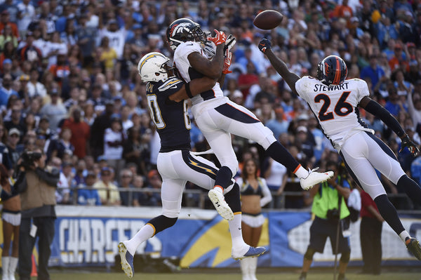 Cornerback Aqib Talib #21 of the Denver Broncos and free safety Darian Stewart #26 break up a pass in the end zone to wide receiver Malcom Floyd #80 of the San Diego Chargers Qualcomm Stadium. San Diego, CA. December 06, 2015 (Photo by Joe Amon/The Denver Post)
