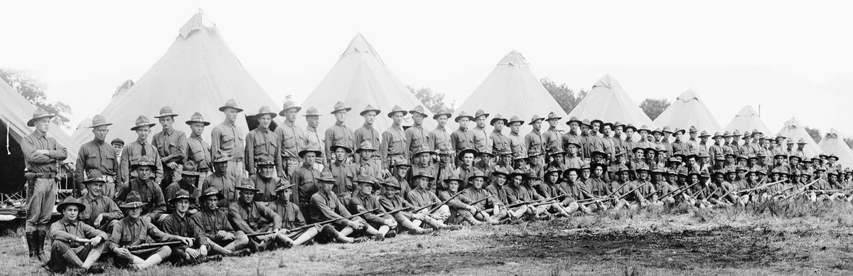 Company L of the 13th Regiment encamped in Dunmore, Aug. 19, 1917. This photo was taken prior to the company leaving for training in Georgia for World War I. After training in Georgia the company would be going on to France. Courtesy Scranton Times-Tribune