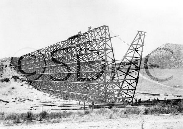 Construction of the Los Coches trestle of the Cuyamaca flume in El Cajon Valley in 1887. The flume was built by San Diego Flume Co. San Diego History Center (#13642)