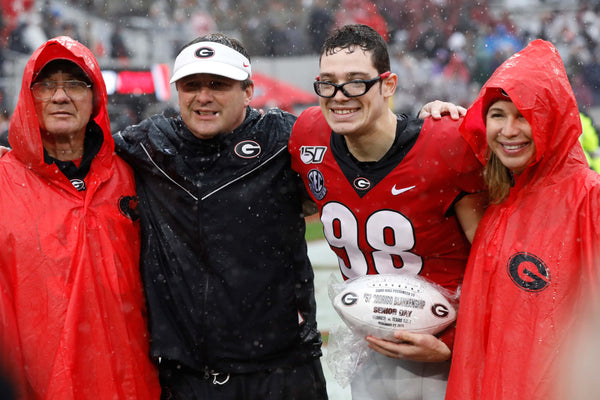 Georgia coach Kirby Smart takes a photo with Georgia placekicker Rodrigo Blankenship (98) during senior day festivities before the start of an NCAA football game between Georgia and Texas A&M in Athens, Ga., Nov. 23, 2019. Joshua L. Jones, Athens Banner-Herald