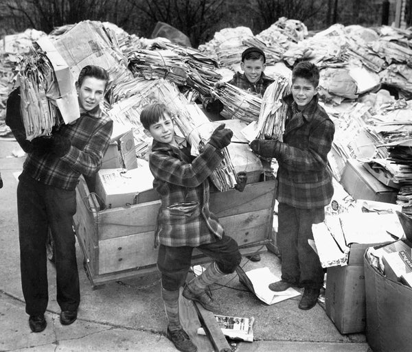 From left, James Brazill, John Dresbach, Tom Dresbach and John Brazill, collect paper to recycle as part of the war effort  in January 1944. The Detroit News