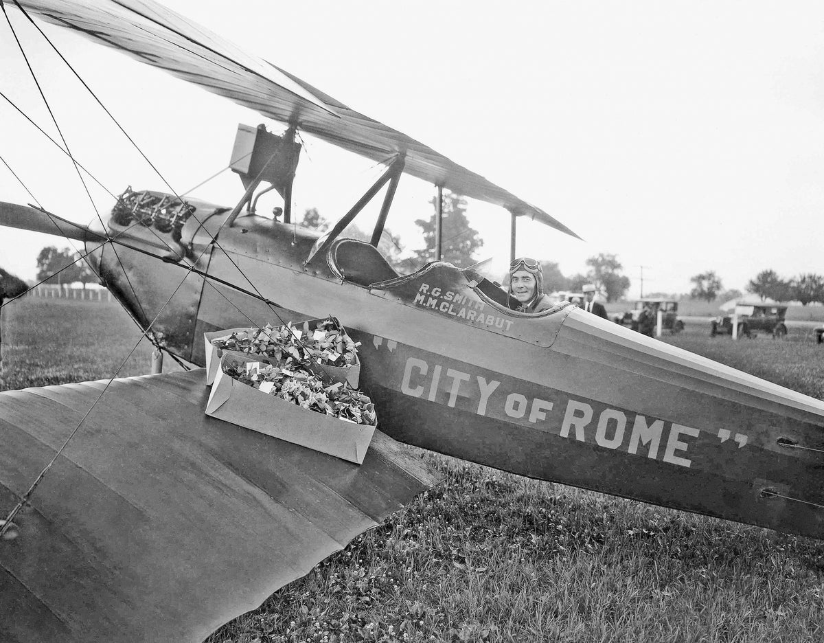 Mayor Arthur C. Tedd in the cockpit of a City of Rome airplane, July 24, 1928. The plane was owned by R. G. Smith and M. M. Clarabut, two Roman citizens who owned an automobile dealership in Rome. Courtesy Rome Historical Society / #1975.51.2