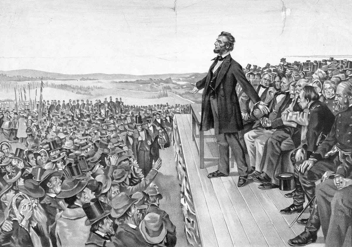 This 1905 illustration offers a slightly altered version of Abraham Lincoln’s delivery of the Gettysburg address. The actual scene was more chaotic with less decorum and reaction than pictured here. Courtesy Library of Congress, Prints & Photographs Division, LC-DIG-ppmsca-19926