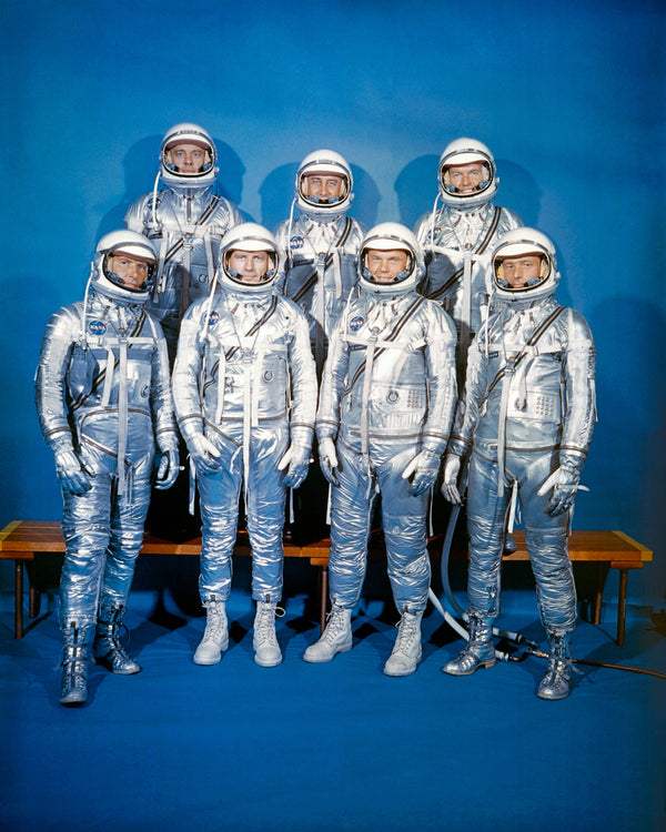The original seven Mercury astronauts pose in their spacesuits in 1961. From left, first row: Walter Schirra Jr., Donald Slayton, John Glenn and Scott Carpenter. Back row: Alan Shepard, Jr., Virgil Grissom and Gordon Cooper. CourtesyNASA