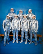 The original seven Mercury astronauts pose in their spacesuits in 1961. From left, first row: Walter Schirra Jr., Donald Slayton, John Glenn and Scott Carpenter. Back row: Alan Shepard, Jr., Virgil Grissom and Gordon Cooper. CourtesyNASA