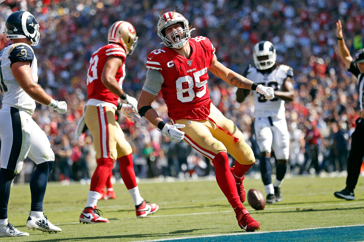 San Francisco 49ers' George Kittle celebrates a 2nd-quarter reception against the Los Angeles Rams during a game at Los Angeles Coliseum in Los Angeles, on Oct. 13, 2019. Scott Strazzante/The Chronicle
