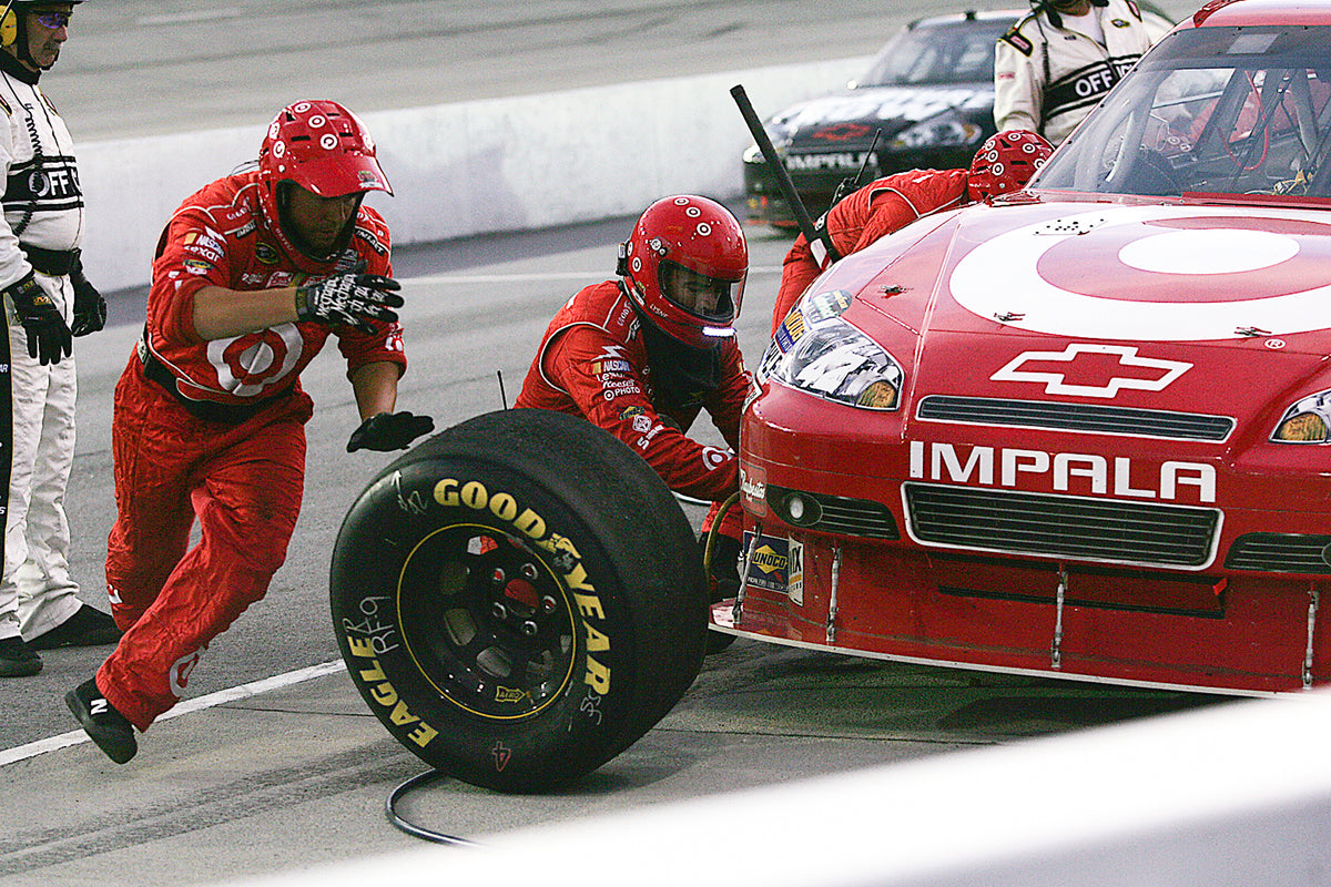 Juan Pablo Montoya stops for a tire change during the Showtime Southern 500 on May 8, 2010. Montoya, a two-time Indy 500 winner and a winner of seven Formula One events, finished fifth in this NASCAR race. Courtesy Steffani Nolte / Morning News