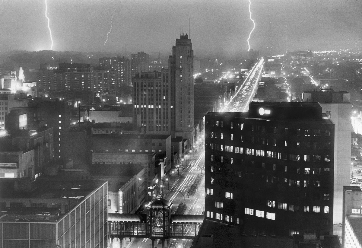 Broad Street in Richmond viewed from the City Hall observation deck during a series of torrential rains around Labor Day, September 1987. The James River rose to 15.5 feet above flood stage and filled 24 square blocks of the city with six feet of muddy water. More than 50 streets were closed downtown. Courtesy Richmond Times-Dispatch