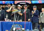 OU's Baker Mayield, Bob Stoops, Athletic Director Joe Castiglione and OU President David Boren after the Sooners' win against Auburn in the Sugar Bowl, Monday, Jan. 2, 2017, at the Superdome in New Orleans, Louisiana. (Kyle Phillips / The Transcript)