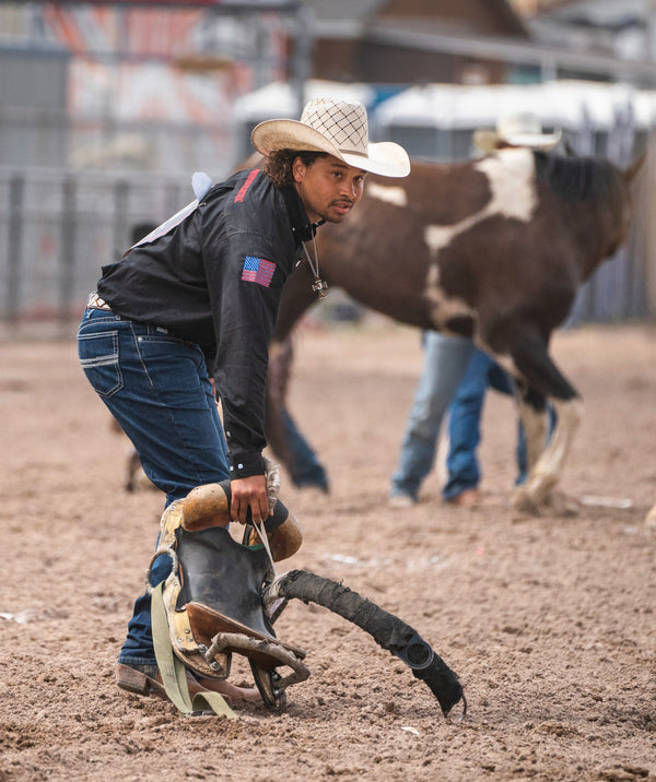 Wild horse competitor Jalen Krening gets ready to go during the 125th anniversary Cheyenne Frontier Days Rodeo at Frontier Park Arena. Michael Smith / For the Wyoming Tribune Eagle