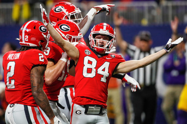 Georgia wide receiver Ladd McConkey (84) celebrates after scoring a touchdown during the first half against LSU, Dec. 3, 2022. Joshua L. Jones / Athens Banner-Herald