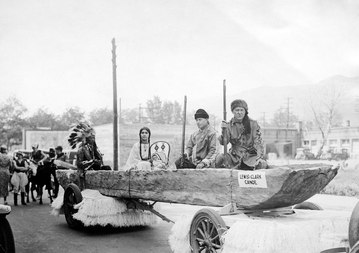 Cherry Blossom Parade, May 11-12, 1934. R.G. Bailey as Meriweather Lewis and Harry Isamen as William Clark. Gertrude Moffett is photographed as Sacajawea and Sam Lott as Indian Chief. Courtesy HS 75-52-318