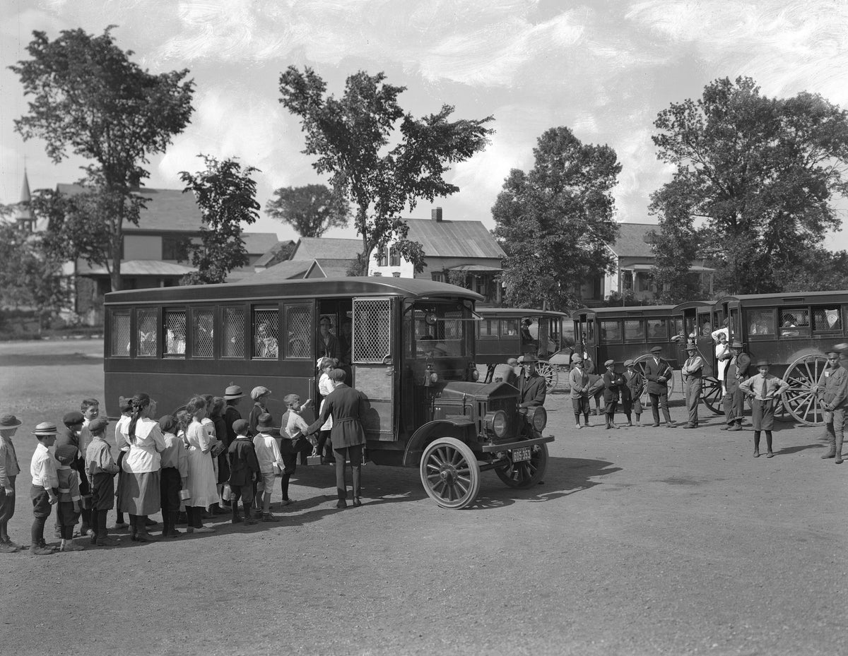 Students of Chazy Central Rural School getting on buses, circa 1920. Courtesy Miner Institute