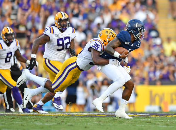 LSU linebacker Damone Clark (35) tackles Georgia Southern quarterback Shai Werts (1) for no gain in the first half against Georgia Southern on Aug. 31, 2019, at Tiger Stadium in Baton Rouge, La. Courtesy Hilary Scheinuk/The Advocate