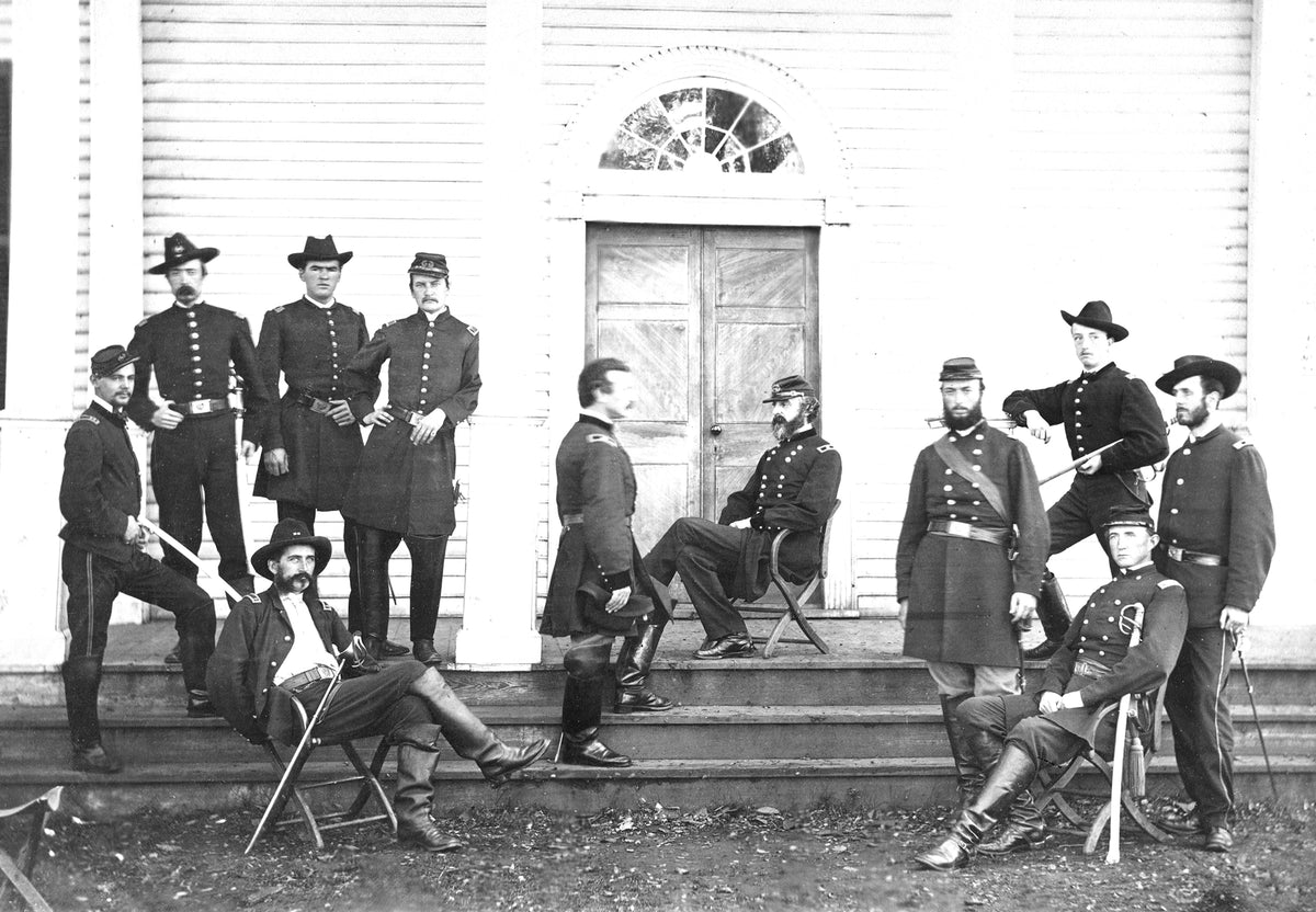 Wallach’s house, headquarters for Army of the Potomac, Culpeper, September 1863. Included are: Gen. Andrew A. Humphreys (standing in front of the door), Gen. George G. Meade (seated in front of the door), Maj. J. C. Biddle, A.D.C. (right of Meade on the steps). Courtesy Library of Congress / #LC-DIG-ppmsca-34109