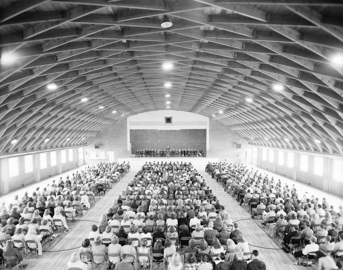 Students pack the Union College auditorium and gymnasium to listen to a speaker, September 21, 1945. Courtesy Nebraska State Historical Society / #RG2183.PH001945-000921-9