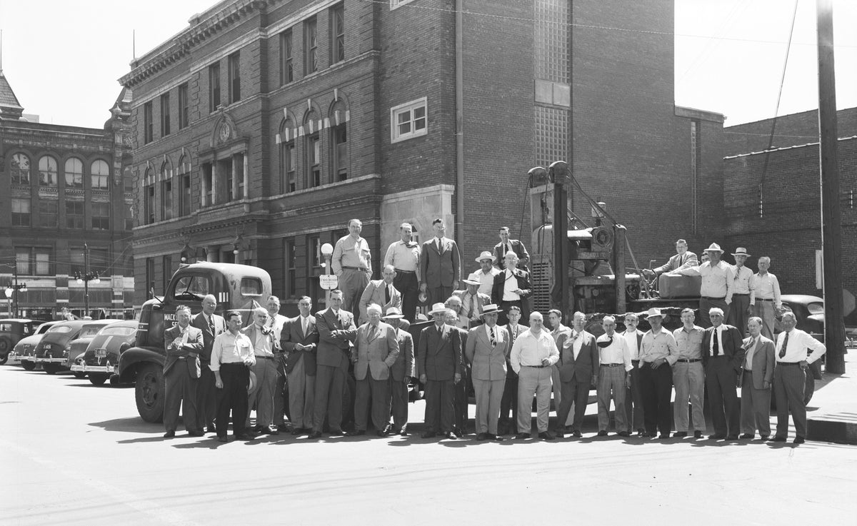 Members of the Elks Club with equipment, July 2,1947. The group was bound for Cambridge to help with damage control after flash flooding. Thirteen people lost their lives in the flood, and the area suffered extensive property damage. Courtesy Nebraska State Historical Society / #RG2183.PH001947-000702-13