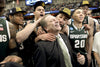 Michigan State coach Tom Izzo enjoyed the Spartans’ 76-70 overtime win over Louisville in the 2015 East Regional final at Syracuse, N.Y. From left, Alvin Ellis III, Gavin Schilling, Denzel Valentine, Travis Trice and Matt Costello celebrated with their coach, who won his seventh regional title. Rod Sanford / Lansing State Journal  ^^ center light rgba(40,40,40,0.3)