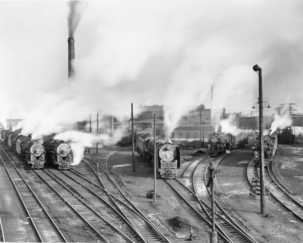 Locomotives leaving New York Central Engine House Yard on Bailey Avenue in 1949. Buffalo History Museum