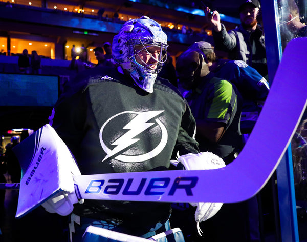 Tampa Bay Lightning goaltender Andrei Vasilevskiy (88) leads his team onto the ice for warmups before taking on the New York Rangers at Amalie Arena on Nov. 14, 2019, in Tampa. Tampa Bay Times / Dirk Shadd