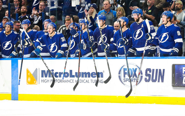 Tampa Bay Lightning players show support for defenseman Ryan McDonagh after he fought New York Rangers left wing Brendan Lemieux after Lemieux ran into goaltender Andrei Vasilevskiy. McDonagh and Lemieux each got five minutes for fighting, with Lemieux also picking up a goaltender interference penalty. Tampa Bay Times / Dirk Shadd