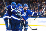 Tampa Bay Lightning center Steven Stamkos leads the celebration as players congratulate right wing Nikita Kucherov after he beat Los Angeles Kings goaltender Jonathan Quick to tie the score 3-3 in the final moments during third-period action on Jan. 14, 2020, in Tampa. The Lightning went on to win 4-3 in the shootout. Tampa Bay Times / Dirk Shadd