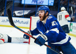 Tampa Bay Lightning center Brayden Point (21) celebrates his goal beating Florida Panthers goaltender Spencer Knight during the third period in game six of the first round of the NHL Stanley Cup Playoffs at Amalie Arena on May 26, 2021, in Tampa. Dirk Shadd / Tampa Bay Times