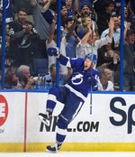 Tampa Bay Lightning left wing Ondrej Palat (18) celebrates his goal beating New York Islanders goaltender Semyon Varlamov (40) to take a 2-1 lead during the second period in game two of the Stanley Cup semifinals at Amalie Arena on June 15, 2021, in Tampa. Dirk Shadd / Tampa Bay Times
