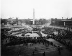 Niagara Square World War I Armistice Day celebration in 1918 with people spelling out “Victory.” Buffalo History Museum
