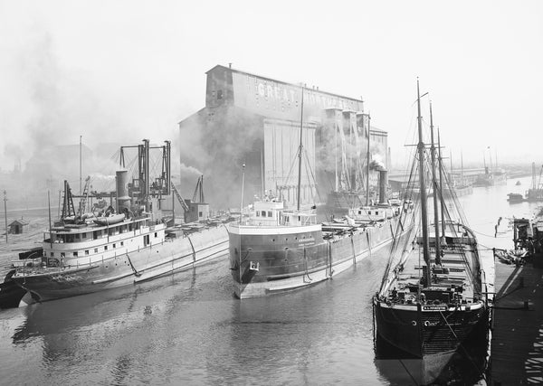 A circa 1900 view of Buffalo’s busy ship channel as seen in front of the Great Northern Elevator. Library of Congress, Prints & Photographs Division, Detroit Publishing Company Collection, LC-DIG-det-4a08420