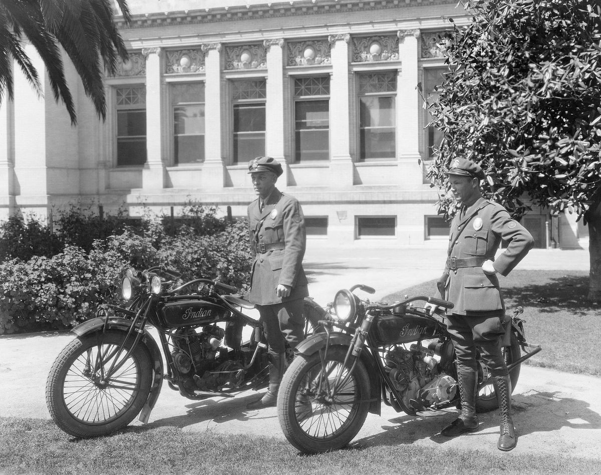 Officers Harold Polkinghorn (left) and B. F. Nelligan with their Indian motorcycles, circa 1927. Courtesy Museum of Riverside, E. N. Fairchild Photograph Collection