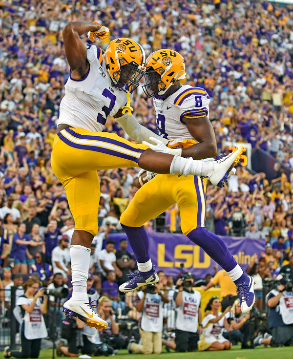 LSU safety JaCoby Stevens (3) and linebacker Patrick Queen (8) celebrate after Queen recovered a forced fumble in the first half against Georgia Southern on Aug. 31, 2019, at Tiger Stadium in Baton Rouge, La. Courtesy Hilary Scheinuk/The Advocate